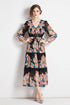 Runway Fashion Spellbind Floral Print, Wrap V-Neck, Ruffled, Belted, Long Sleeve Chiffon Vintage Holiday, Party Maxi Dress
